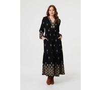 Izabel London Border Print Long Sleeve Maxi Dress for Women UK with a Tiered Shape, a v-Neck and a Relaxed fit. Black