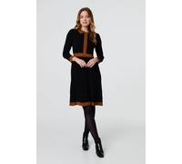 Izabel London Border Print Pleated Knit Knee Length Dress for Women UK with a Collar, Long Sleeves and Pleats. Black