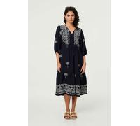 Izabel London Border Print Relaxed V-Neck Midi Dress - 18 - Navy