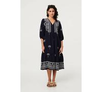 Izabel London Border Print Relaxed V-Neck Midi Dress In Navy Navy