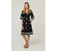 Izabel London Border Print Ruched Knee Length Dress - 16 - Black