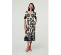 Izabel London Border Print Ruched V-Neck Midi Dress - 10 - Navy