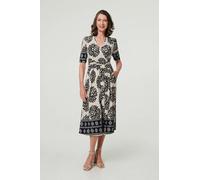 Izabel London Border Print Ruched V-Neck Midi Dress - 8 - Navy
