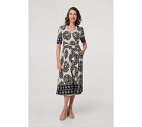 Izabel London Border Print Ruched V-Neck Midi Dress In Blue Blue 8
