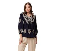 Izabel London Border Print Tie Front Relaxed Blouse for Women UK with a v-Neck, 3/4 Sleeves and Hip Length Hem. Navy