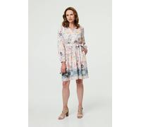 Izabel London Border Print Tie Waist Knee Length Dress - 8 - Pink