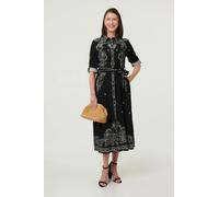 Izabel London Women's Border Print Tie Waist Midi Shirt Dress in Black | Size: 14