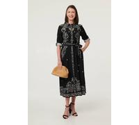 Izabel London Border Print Tie Waist Midi Shirt Dress - 14 - Black