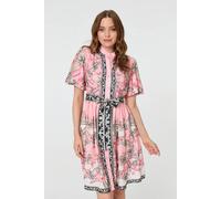 Izabel London Border Print Tie Waist Short Dress In Pink Pink 8