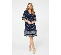 Izabel London Border Print V-Neck Knee Length Dress - 8 - Navy