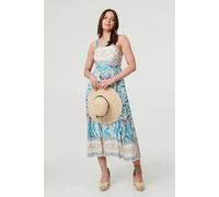 Izabel London Border Print Wide Strap Midi Sun Dress - 10 - Blue