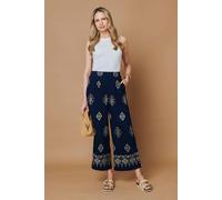 Izabel London Border Printed High Waist Wide Trousers - 12 - Navy