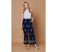 Izabel London Border Printed High Waist Wide Trousers In Navy Navy