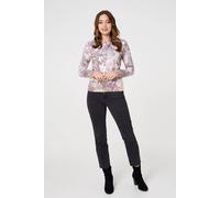 Izabel London Butterfly Print Long Sleeve Knit Top In Beige Beige L/XL