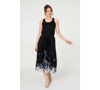 Izabel London Butterfly Print Pleated Mesh Midi Skirt - Black - L/XL