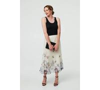 Izabel London Butterfly Print Pleated Mesh Midi Skirt - Beige - S/M