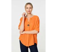 Izabel London Button Detail 1/2 Sleeve V-Neck Blouse - Orange - 16