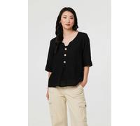 Izabel London Button Detail 3/4 Sleeve Relaxed Blouse - 10 - Black