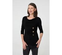 Izabel London Button Detail Ruched 3/4 Sleeve Top - 8 - Black