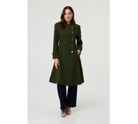 Izabel London Button Front Funnel Neck Coat - Khaki - 14