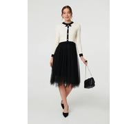 Izabel London Button Front Mesh Textured Jumper Dress - 14 - Black And White