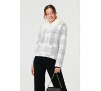 Izabel London Women's Checked Faux Fur Collar Boxy Jacket in White | Size: S/M Izabel London White S/M