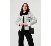 Izabel London Checked Faux Fur Long Sleeve Jacket - S/M - Black