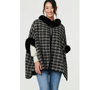 Izabel London Women's Checked Faux Fur Trim 3/4 Sleeve Poncho in Black Izabel London Black One Size