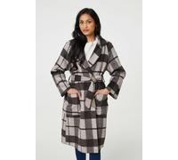 Izabel London Women's Checked Longline Coat with Belt in Brown | Size: 8-10 Izabel London Brown 8-10