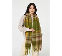 Izabel London Checked Print Fringed Oversized Scarf - Green - One