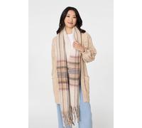 Izabel London Checked Print Oversize Fringed Scarf In Beige Beige One Size