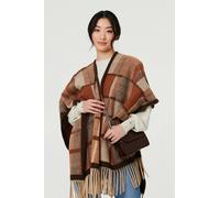 Izabel London Women's Checked Tassel Fringed Relaxed Poncho in Beige Izabel London Beige One Size