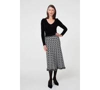 Izabel London Chevron Print Fringed Knit Midi Skirt - 8 - Black