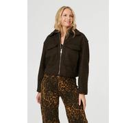 Izabel London Women's Collared Pocket Front Cropped Jacket in Brown | Size: XL Izabel London Brown XL