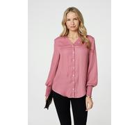 Izabel London Collarless Button Up Long Sleeve Shirt - Pink - 16