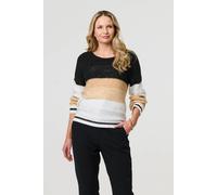 Izabel London Colour Block Drop Shoulder Knit Jumper for Women UK with a Boat Neck and Long Sleeves. Beige