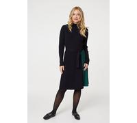 Izabel London Colour Block High Neck Pleated Knit Dress for Women UK with Round Neck, Long Sleeve and Belt. Black