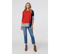 Izabel London Colour Block Long Sleeve Relaxed Top for Women UK with a Boat Neck and a Thigh Length Hem. Orange