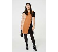 Izabel London Colour Block Short Sleeve Midi Dress for Women UK with Suede Texture, a Round Neck & Relaxed fit. Brown