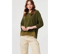 Izabel London Contrast Hem Relaxed 3/4 Sleeve Jumper In Khaki Khaki