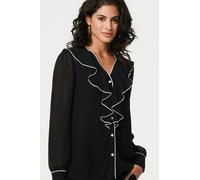 Izabel London Contrast Trim Semi Sheer Ruffled Blouse for Women UK with Long Sleeves and semi Sheer Layers. Black