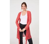 Izabel London Crochet Knit Longline Waterfall Cardigan for Women UK with Long Flared Sleeves and an Open Front. Coral