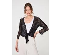 Izabel London Crochet Open Knit Waterfall Cardigan In Black Black One Size