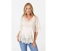 Izabel London Crochet Texture Tassel Front Boho Blouse In White White