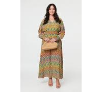 Izabel London Curve Abstract Long Sleeve Maxi Dress In Green Green