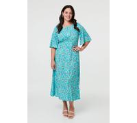 Izabel London Curve Floral 1/2 Flare Sleeve Midi Dress In Teal Teal