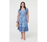 Izabel London Women's Curve Floral Cap Sleeve Lace Midi Dress in Blue | Size: 22