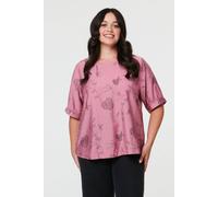 Izabel London Curve Floral Short Sleeve Blouse Top In Pink Pink
