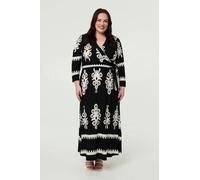 Izabel London Curve Ikat Print 3/4 Sleeve Wrap Maxi Dress - Black - 20 - Black