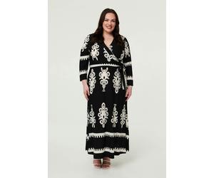 Izabel London Curve Ikat Print 3/4 Sleeve Wrap Maxi Dress - Black - 26 - Black